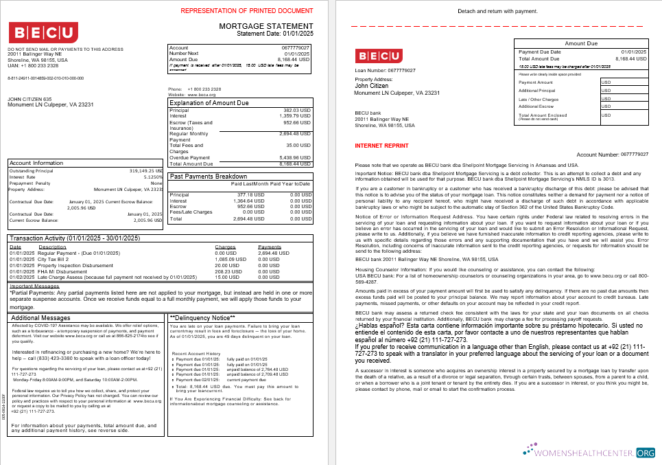 Download USA BECU bank mortgage statement in Word and PDF formats, 3 pages 1 2 Photoshop template